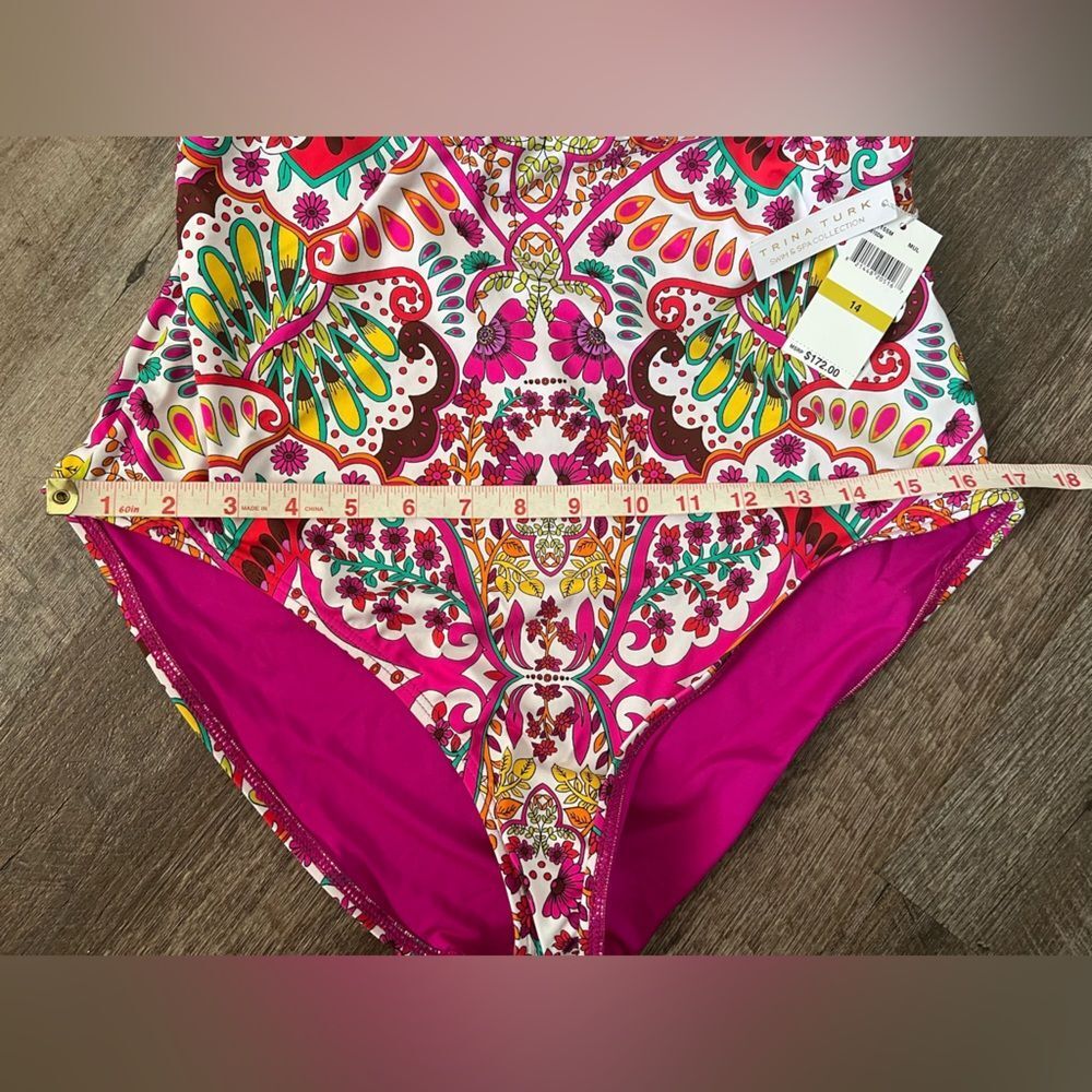 NWT Trina Turk Hawaiian Garden Border Halter Plunge One Piece Swimsuit-Size 14 - Picture 7 of 9